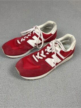 New Balance 574 Shoes Red and White Retro Suede Mesh Runner Sneakers